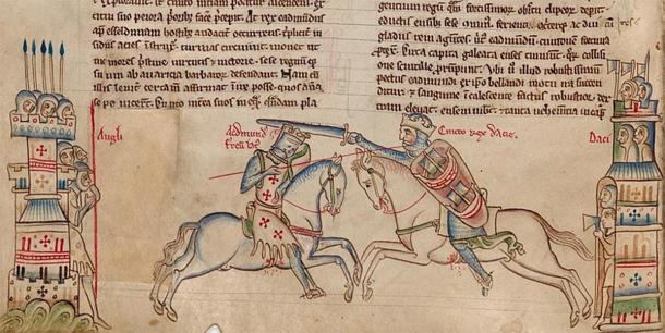 Depiction of Cnut battling Edmund Ironside at the Battle of Assandun, with King Cnut on the right. 14th Century manuscript - Matthew Paris, Chronica Majora, Cambridge, Corpus Christi College. (Public Domain)