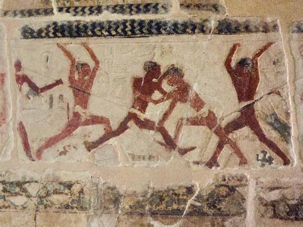Depiction of fishermen jousting in the Mastaba tomb of Niankhkhnum and Khnumhotep, Saqqara, Egypt. (kairoinfo4u / CC BY-NC-SA 2.0)