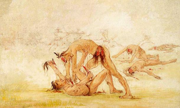Depiction of the Mandan, a Native American tribe of the Great Plains, scalping an enemy. (Public domain)