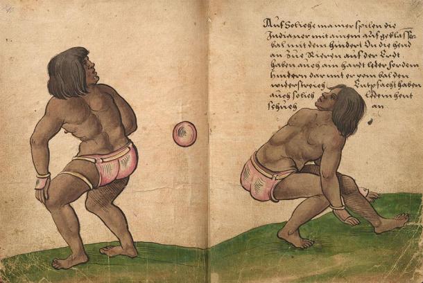 Depiction of players hitting a rubber ball with their hips in a version of Mesoamerica’s famous ballgame. (Christoph Weiditz / Public domain)