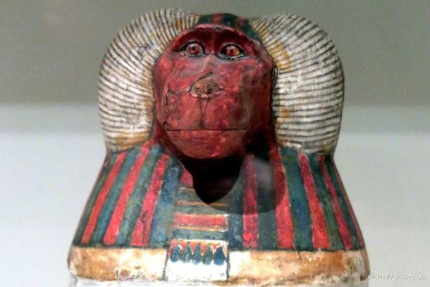 Detail from one of the pseudo canopic jars of Padiouf, a priest of Amun, shows the face of Hapy. Third Intermediate Period. Musée du Louvre Paris. Exhibition ‘Animals and Pharaohs’, CaixaForum Barcelona.