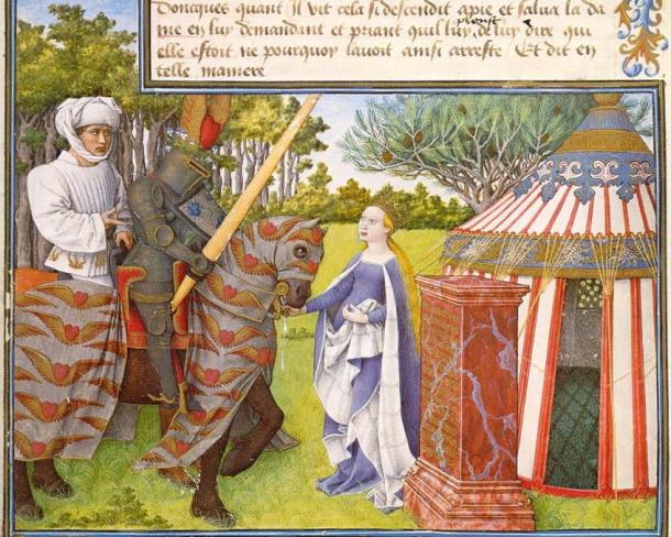 Detail of Folio 5V of King Rene’s Book of Love, about a medieval knight who quests after a lovely lady, Sweet Grace; note the winged heart above the helmet of Cueur 