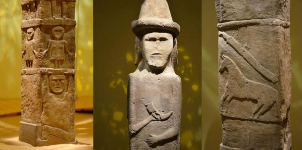 Detail, the tiers of bas-relief carvings: A kneeling man supports smaller figures above [left], one of the four topmost entities shares a hat and carries a horn [middle], and a horse and sword are shown [right]. 