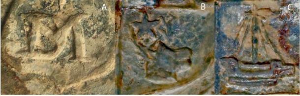 Detail on the clan Campbell seal showing: A) the maker’s mark DM; B) the stag’s head; C) the galley. (Sarah Lambert-Gates & Darko Maricevic ̌ / Antiquity Publications Ltd)