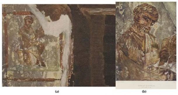 Detalle de la figura No. 93 publicado en. Muestra una acuarela del fresco de San Pedro encontrado en la cabaña núm. 58 de las catacumbas de los Santos Marcelino y Pedro. (b) Detalle con leyenda 