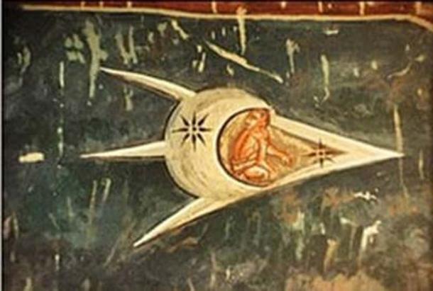 Detail of a 14th century painting entitled The Crucifixion, located above the altar at the Visoki Decani Monastery in Kosovo. It appears to depict a man in some kind of craft looking back over his shoulder. (Public domain)