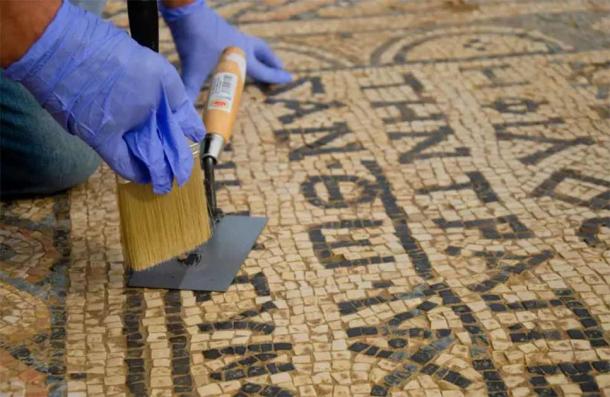 Detail of the prison mosaic during excavations. (Israel Antiquities Authority)