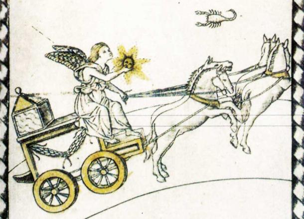Detail from card 44 of the Mantegna Tarocchi, depicting Helios the sun god of Greek mythology and his chariot, from the Uffizi gallery in Florence. (Public domain)