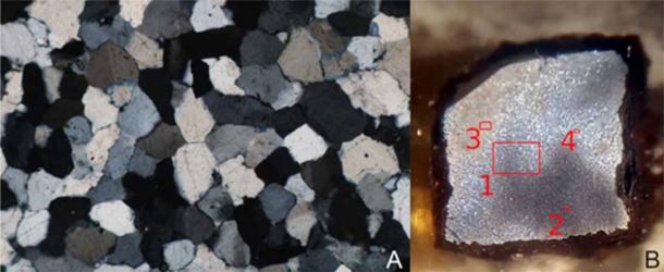 A) Detail of the type of quartz used for the rock carvings (Rafael Ferreiro Mählmann / University of Freiburg) B) Mesoscopic overview of the etched sample. (Bastian Asmus / University of Freiburg)