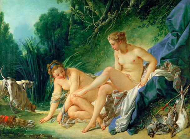 Diana, el nombre romano de la diosa griega Atenea, saliendo de su baño, por François Boucher. (Dominio publico)