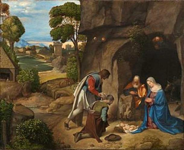 ¿María dio a luz en una cueva? Giorgione Adoración de los pastores, Galería Nacional de Arte.