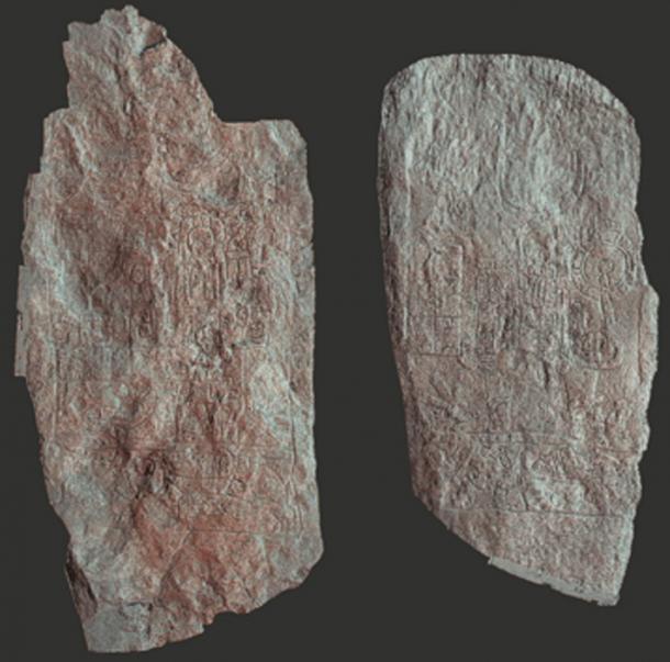 Digital reconstruction of two steles from the cities of Naranjo and Witzna, one indicating the torching of Witzna. (Image: Wahl et al/Nature Magazine)