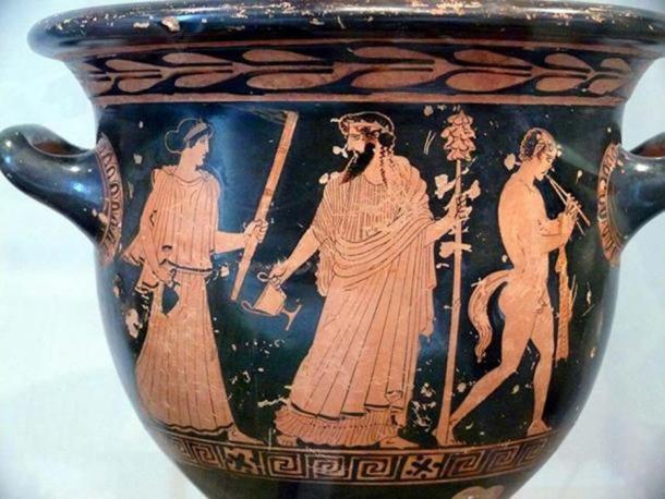 Dionysus, Silenus (and Maenad?). Red-figure krater.