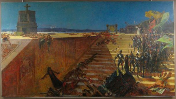 La enfermedad jugó un papel tan importante como la guerra en la caída del Imperio Azteca. Los últimos días de Tenochtitlán, batalla final de la conquista española del Imperio azteca en 1521. Pintura de William de Leftwich Dodge, 1899 (dominio público)