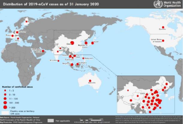 Distribution of 2019-nCoV cases as of 31 January 2020. (WHO)