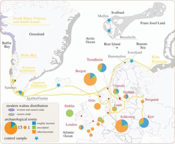 Distribution of medieval European finds of walrus rostra. (Barrett et al. 2022/Royal Society/CC BY 4.0)