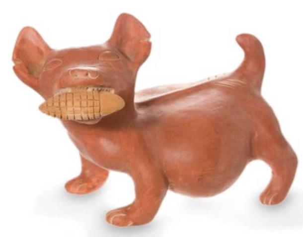 Dog with a corn cob, replica of a ceramic from Colima, Mexico.