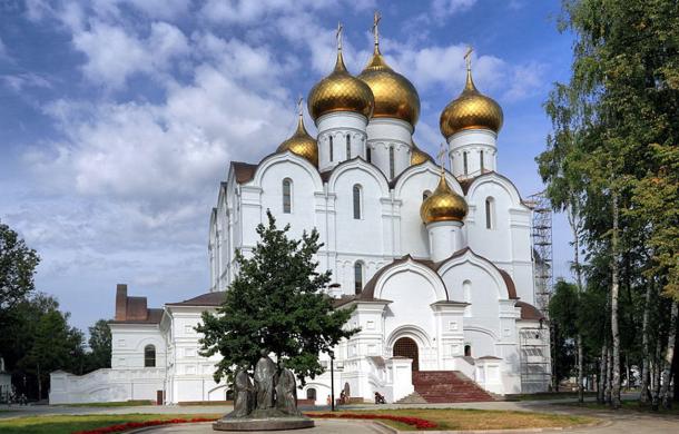 The steel weapon was found next to Dormition Cathedral (pictured) in Yaroslavl. 