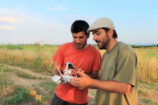 Dr. Arnau Garcia-Molsosa and Dr. Hector A. Orengo watching the drone. (Anna Karligioti)