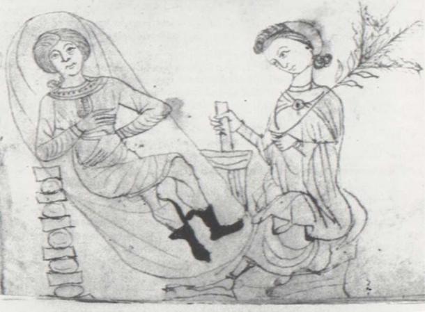 Drawing from a 13th-century manuscript of Pseudo-Apuleius's Herbarium, depicting a pregnant woman in repose, while another holds some pennyroyal in one hand and prepares a concoction using a mortar and pestle with the other. Pennyroyal was historically used as an herbal abortifacient. (Public Domain)