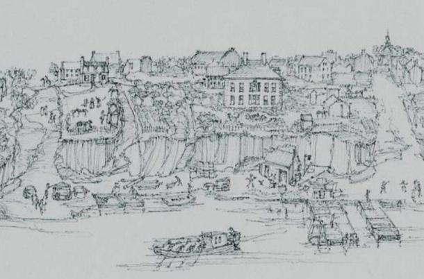 Drawing of Alexandria Waterfront with Carlyle House circa 1764.
