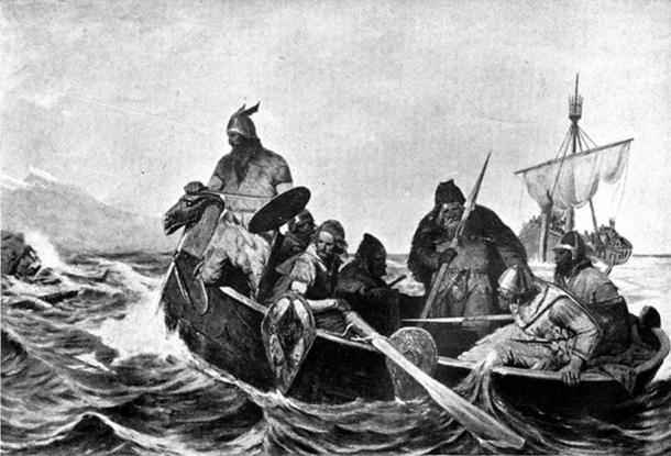 Drawing of Norsemen in a ship by Oscar Wergeland.