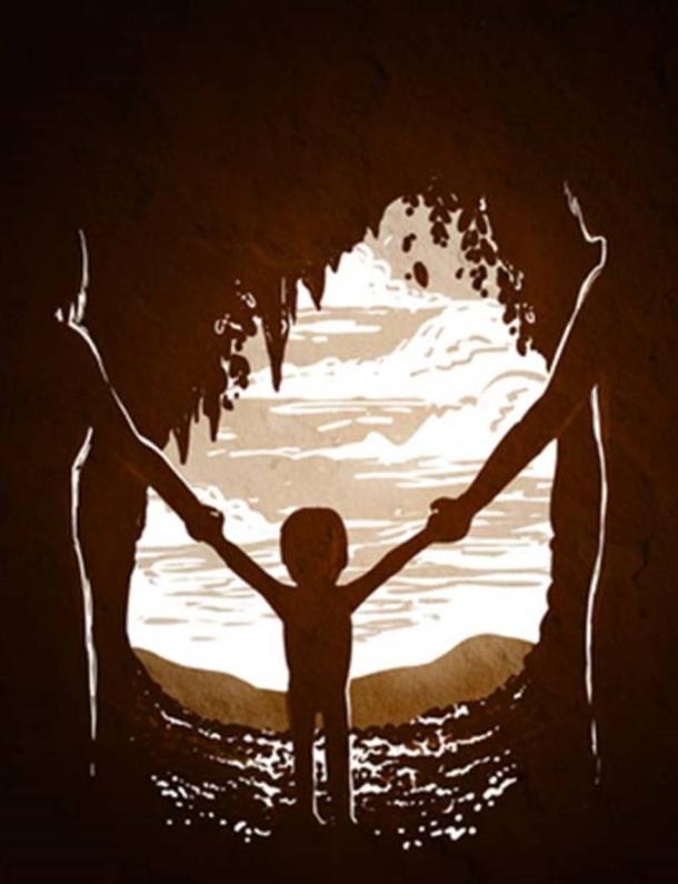 Drawing of a Neandertal mother and a Denisovan father with their child, a girl, at Denisova Cave in Russia