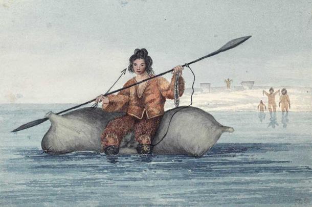 Drawing of a Sadlermiut man on inflated walrus skins bringing two dried salmon and a flint-headed arrow as a peace offering to newcomers. (1824) By Captain George Francis Lyon