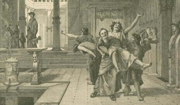 Drawing of a drunken man being carried away by friends during Saturnalia. In the background someone watches them with an empty urn drooping from his hand. 