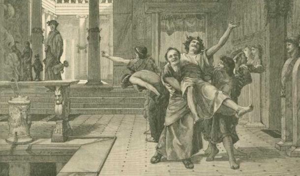 Drawing of a drunken man being carried away by friends during Saturnalia. In the background someone watches them with an empty urn drooping from his hand. (1884) By John Reinhard Weguelin. ( Public Domain )