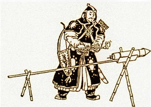 Dibujo de un antiguo soldado mongol encendiendo un cohete. (Dominio publico)