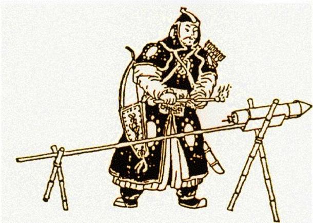 Drawing of an early Mongolian soldier lighting a rocket. (Public Domain)