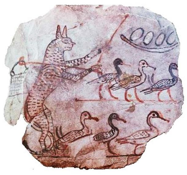 Drawing on limestone of a scene from a fable, Ancient Egyptian, 19th dynasty, c1120 BC. A cat with a shepherd's crook and a bag over his shoulder guards six geese and a nest of eggs. 