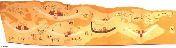 Drawing of painted mural within tomb T100 at Hierakonpolis (Nekhen), believed to be the earliest example of an Egyptian tomb mural. (Francesco Raffaele / CC BY-SA 3.0)