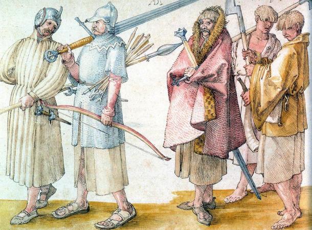Drawing of Irish Gallowglass and three kern (right). (Albrecht Dürer (1521) / Public domain)