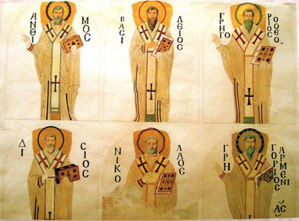 Drawing by the Fossati brothers depicting the mosaic of six patriarchs in the southern tympanum of Hagia Sophia (Gaspare and Giuseppe Fossati / Public domain)