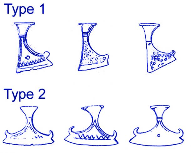 Drawings of Slavic axe amulets based on archaeological findings dating between the 11th and 12th century.