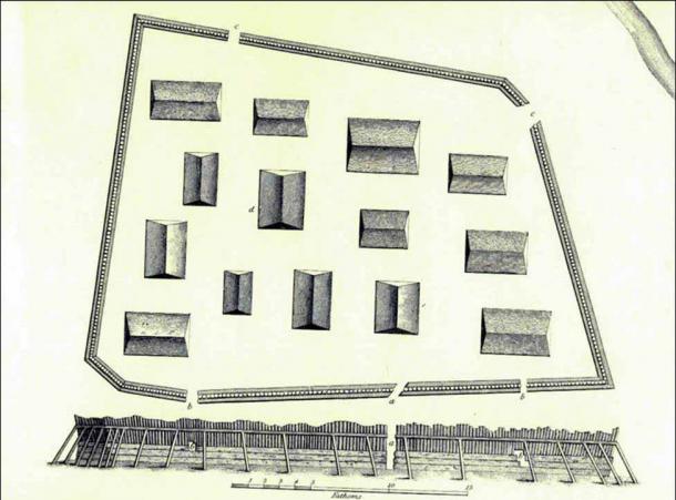 Dibujo histórico de Shiskinoow, el fuerte de los arbolitos. (Por Y. Lisyansky; Servicio de Parques Nacionales de EE. UU., Parque Histórico Nacional de Sitka / Antiquity Publications Ltd)