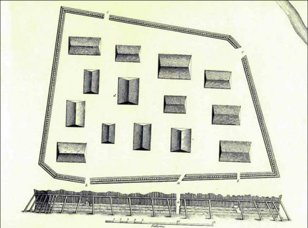 Historical drawing of Shiskinoow, the sapling fort. (By Y. Lisyansky; U.S. National Park Service, Sitka National Historical Park / Antiquity Publications Ltd)