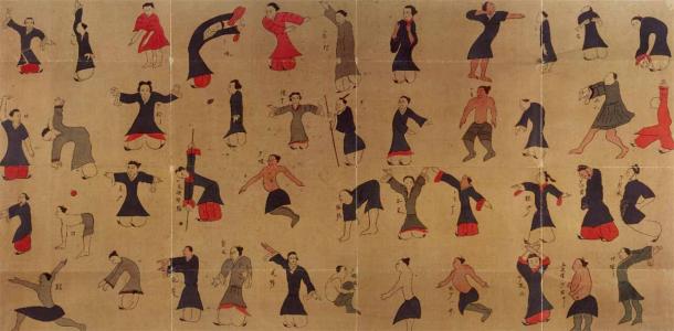 Drawings of Tao Yin or Daoyin techniques. This is a reconstruction of a 'Guiding and Pulling Chart' excavated from one of the Mawangdui Tombs (sealed in 168 BC) in the former kingdom of Changsha. (Wellcome Collection / CC BY 4.0)