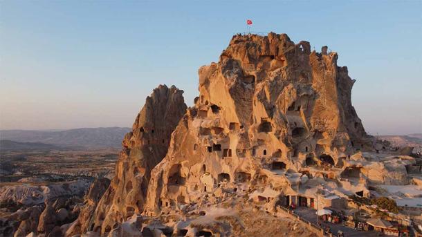 Drone image of Uçhisar Castle in the heart of Cappadocia, Turkey. (Ronald / Adobe Stock)