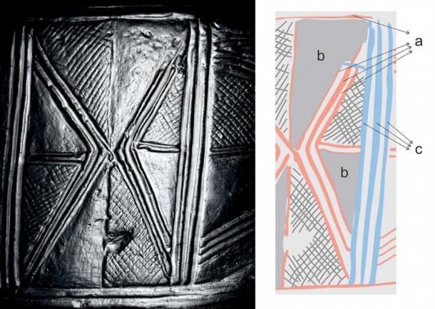 Drum 1, left, with a drawing of its motifs; blank spaces showed areas of erasure, the researchers said. Also note where the triangular line at the top right has been erased. 