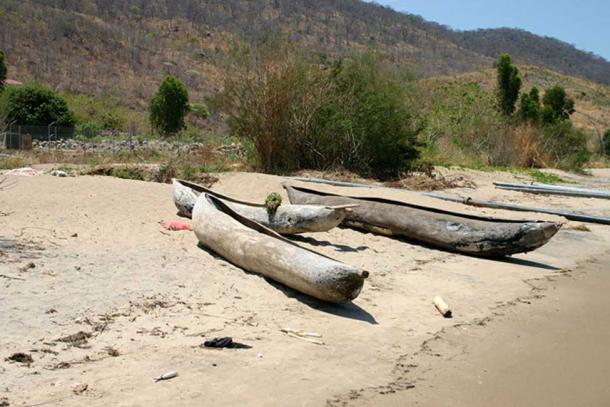 Dugout canoes hewn from wood at Lake Malawi, East African Rift system. 