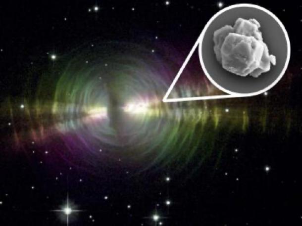 Dust-rich outflows of evolved stars similar to the pictured Egg Nebula are plausible sources of the large presolar silicon carbide grains found in meteorites like Murchison. (Image courtesy NASA, W. Sparks (STScI) and R. Sahai (JPL). Inset: SiC grain with ~8 micrometers in its longest dimension. Inset image courtesy of Janaína N. Ávila.)