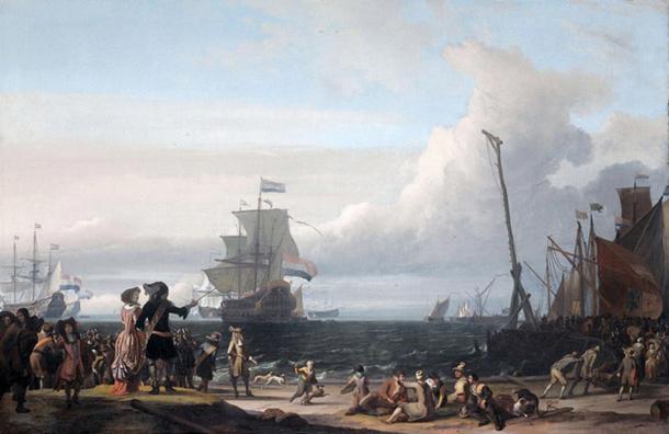Dutch ships in the roadstead of Texel; in the middle the 'Gouden Leeuw,' the flagship of Cornelis Tromp. (1671) by Ludolf Bakhuizen.