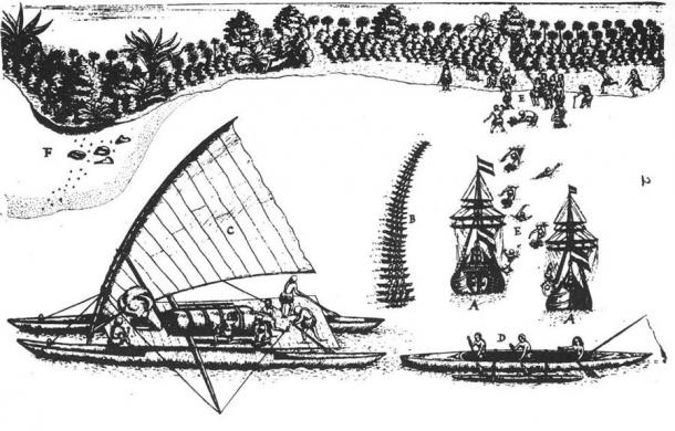 The arrival of Dutch explorer Abel Tasman in Tongatapu in 1643 AD, when Tonga already had kings and kasivaki underwater rugby, in a drawing by Isaack Gilsemans. (Isaack Gilsemans / Public domain)