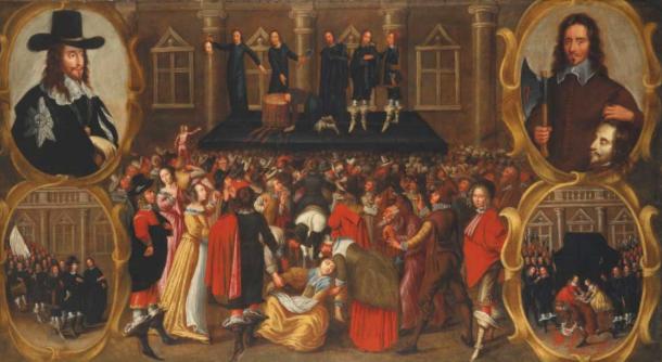Dutch painting of the execution of King Charles I, 1649. While depictions of the execution were suppressed in England, European depictions like this were produced, emphasizing the shock of the crowd with fainting women and bloodied streets (Public Domain)