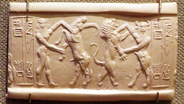 Ea wrestling with a water buffalo and Enkidu fighting with a lion. (Sailko / Public Domain)
