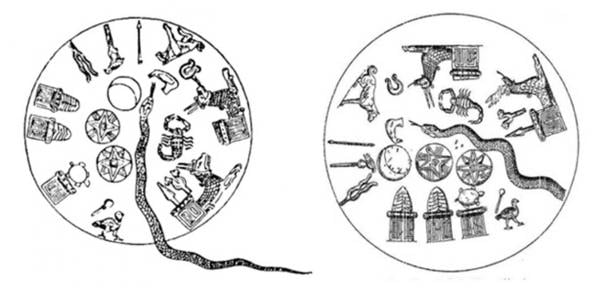 Early Babylonian Kudurru-reliefs of zodiacal symbols within the heavenly circle surrounding an undulating serpent representing the Milky Way. Shown are three classic planetary symbols of Sumero-Mesopotamian religious art: the Moon (crescent), Sun (estoile) and Venus (octactinal star). (Author provided)