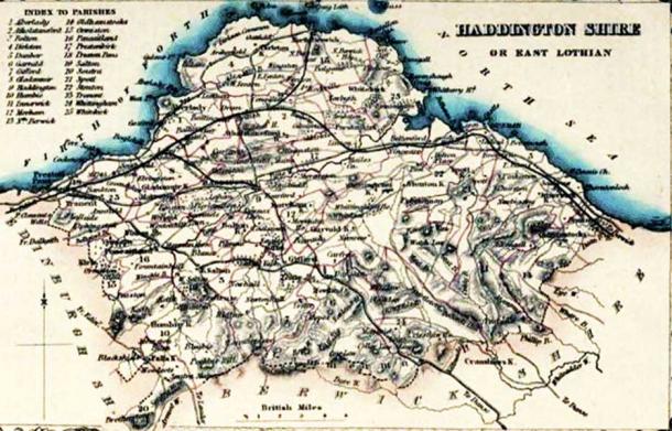 East Lothian or Haddingtonshire Civil Parish map. 